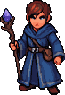 Arcanista con túnica azul y un bastón con una gema morada.