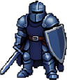 Combatiente con armadura azul, espada y escudo.